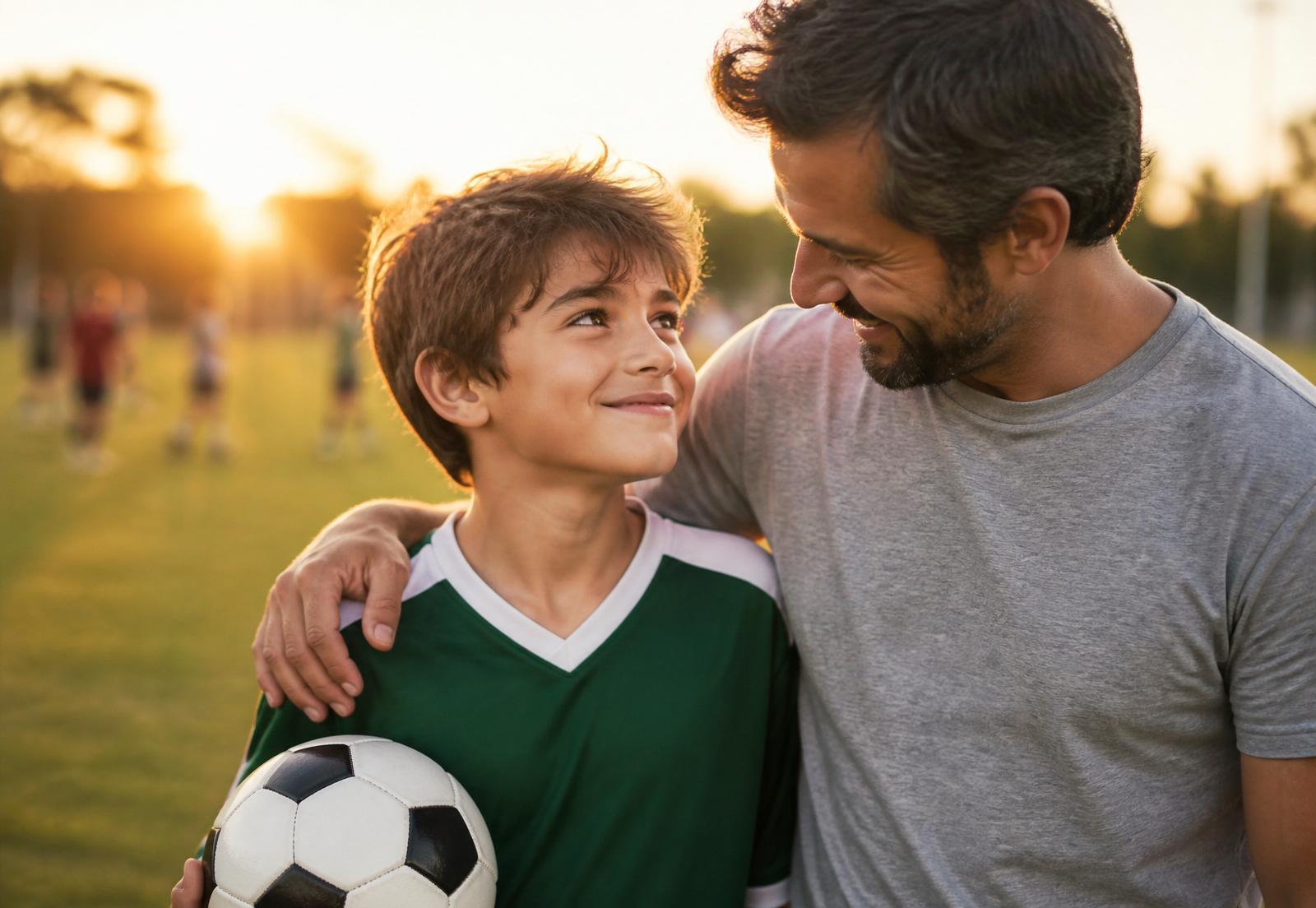 A parent and youth athlete together on a sports field